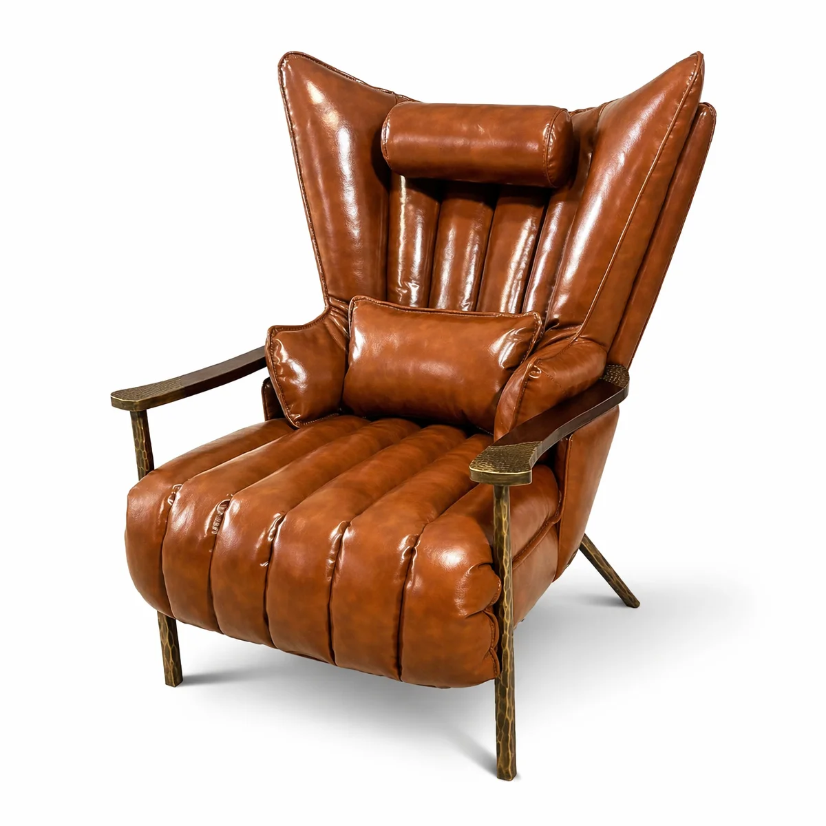 Cognac brown leather wingback accent chair with channel tufting and bronze metal frame on a white background
