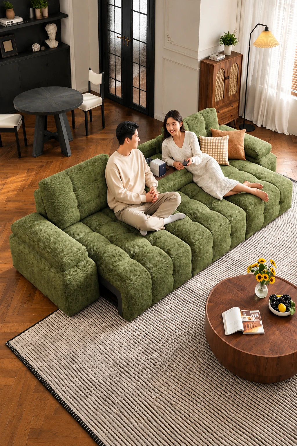 Modular electric sectional sofa in a floor-level configuration