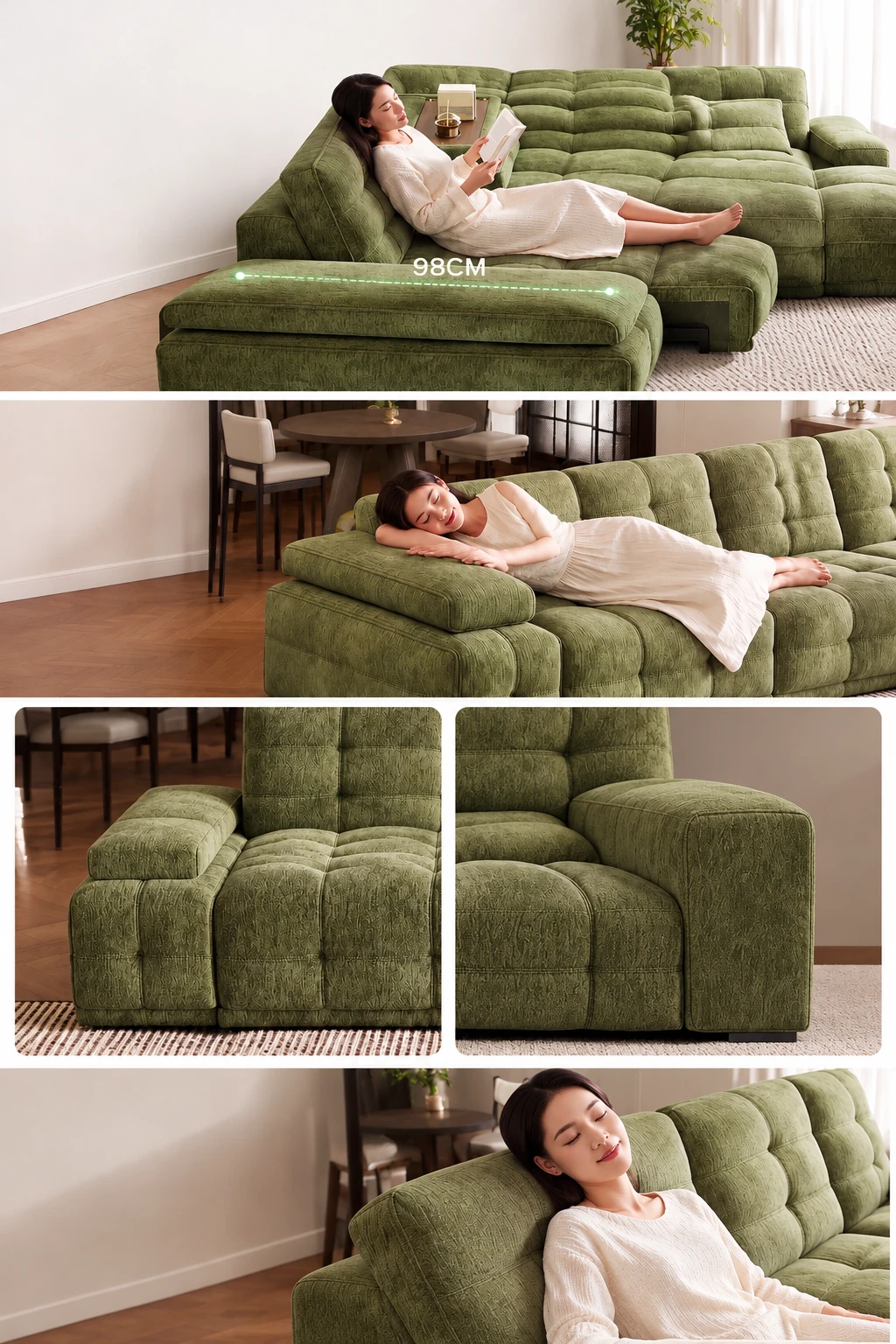 Close-up of the seat cushion and corner stitching on the modular sofa