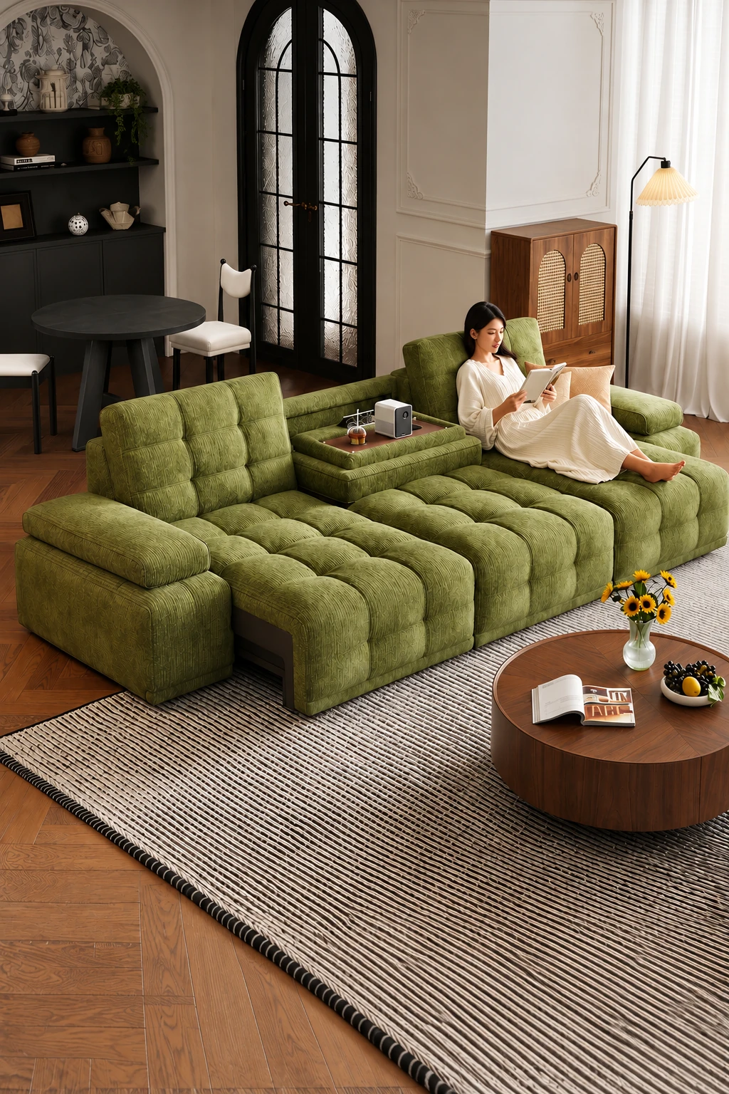 Four-piece modular electric sectional sofa in olive chenille, styled in a living room