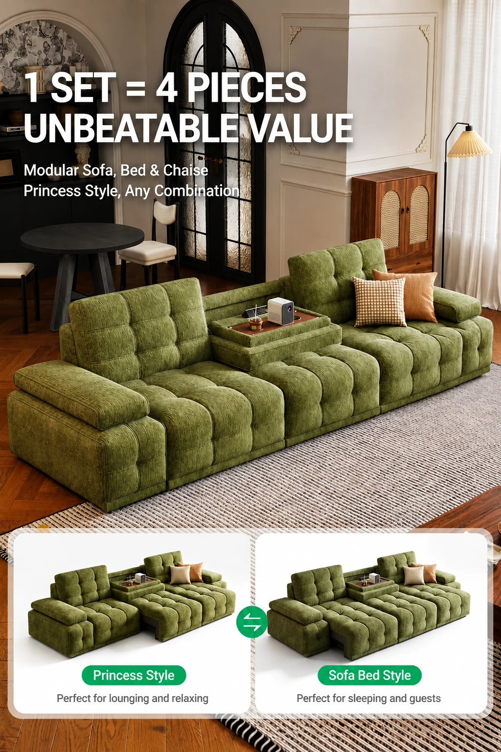 One modular sectional set shown as four pieces in two reclining configurations
