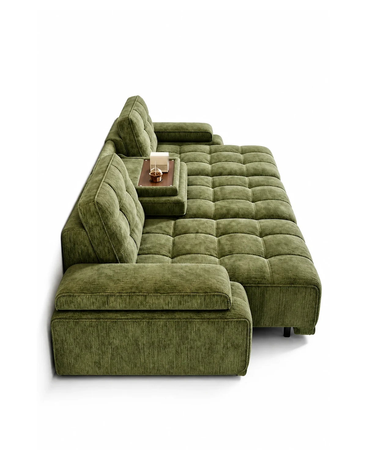 Electric modular sectional sofa in olive chenille, studio shot on white — four-piece configuration