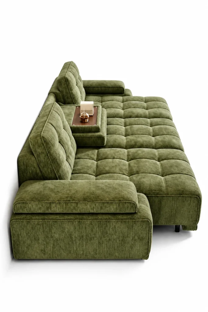 Electric modular sectional sofa in olive chenille, studio shot on white — four-piece configuration