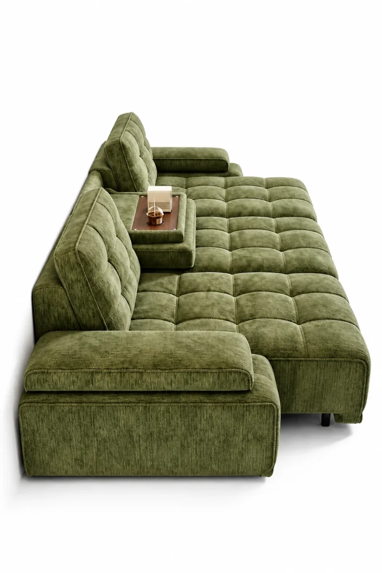 Four-piece modular electric sectional sofa in olive chenille, styled in a living room