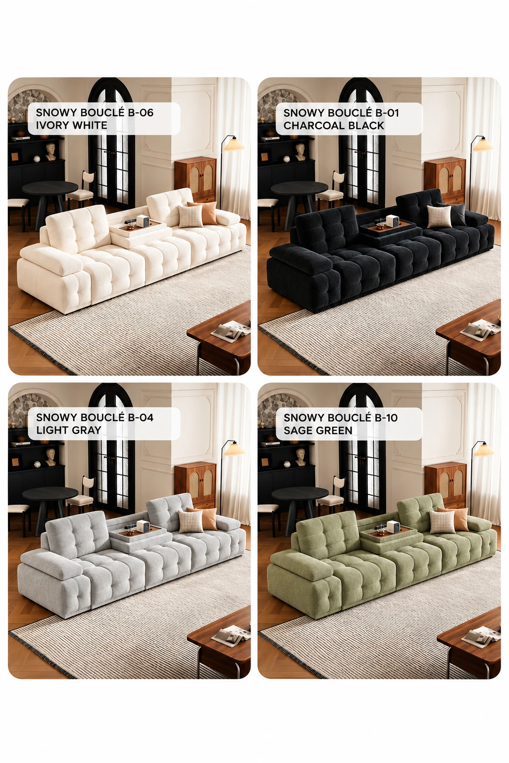 Four chenille colour options for the modular sofa: ivory, charcoal, light grey and sage green