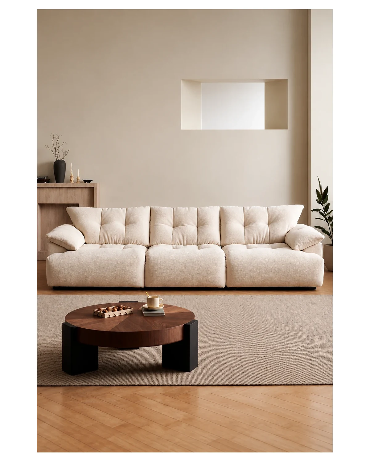 Modular sectional sofa in cream chenille with washable covers, three-quarter view