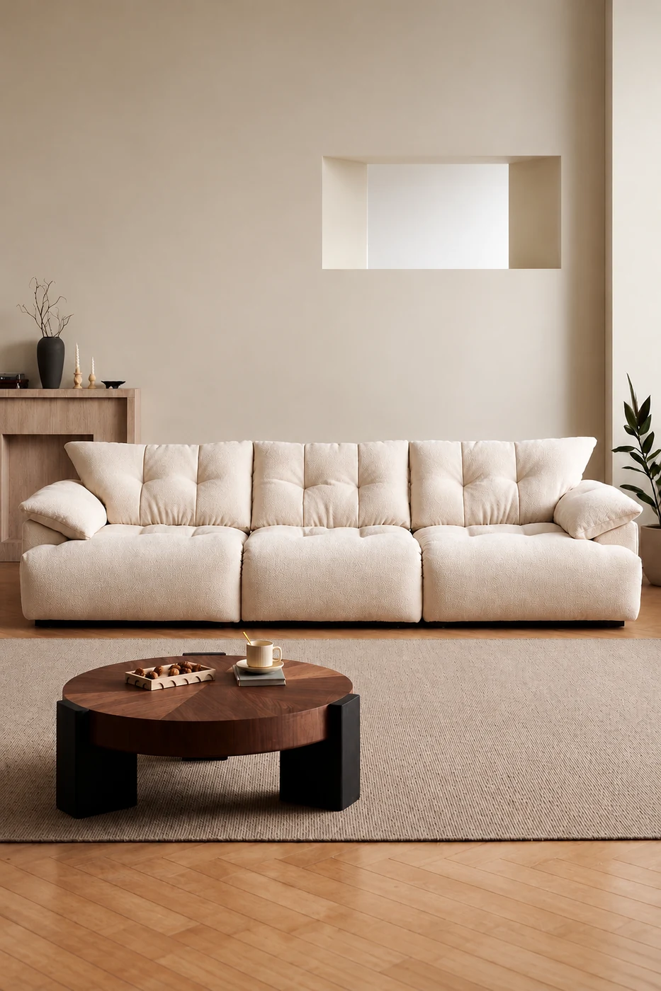 Modular sectional sofa in cream chenille with washable covers, three-quarter view
