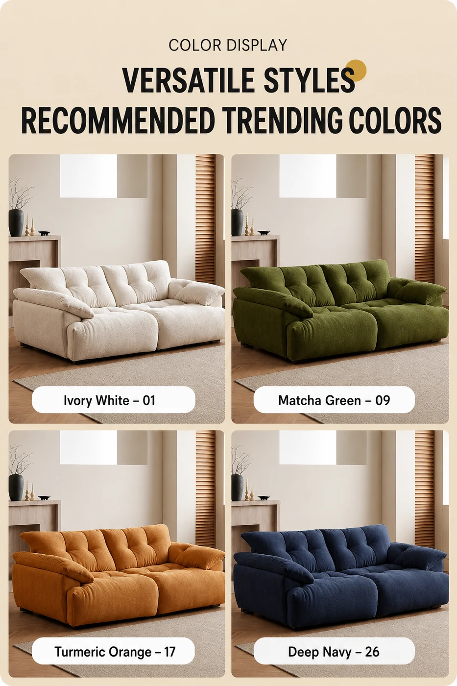 Four colour options for the modular sofa: ivory white, matcha green, tumeric orange and deep navy