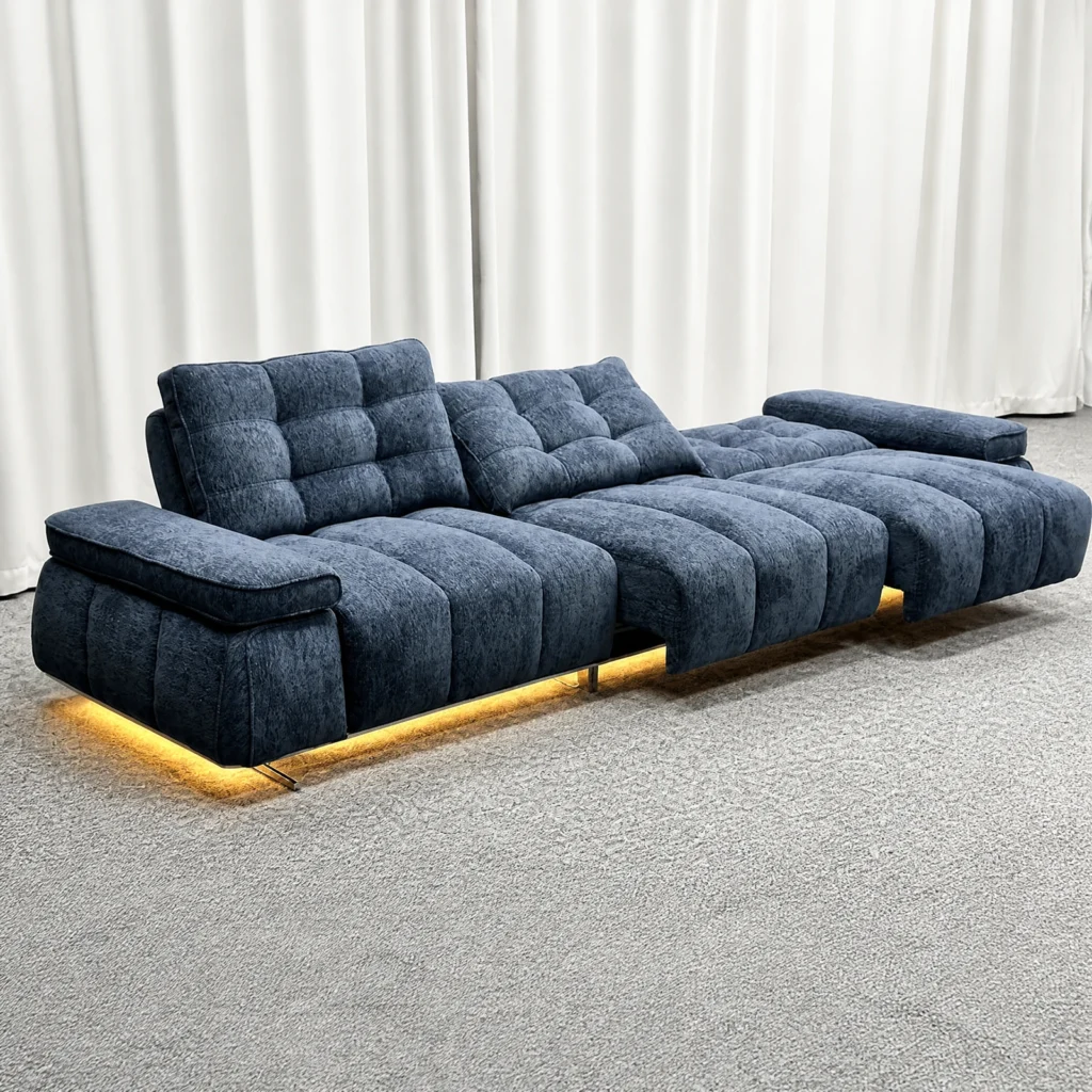 Navy blue electric sectional sofa with LED underglow, studio shot