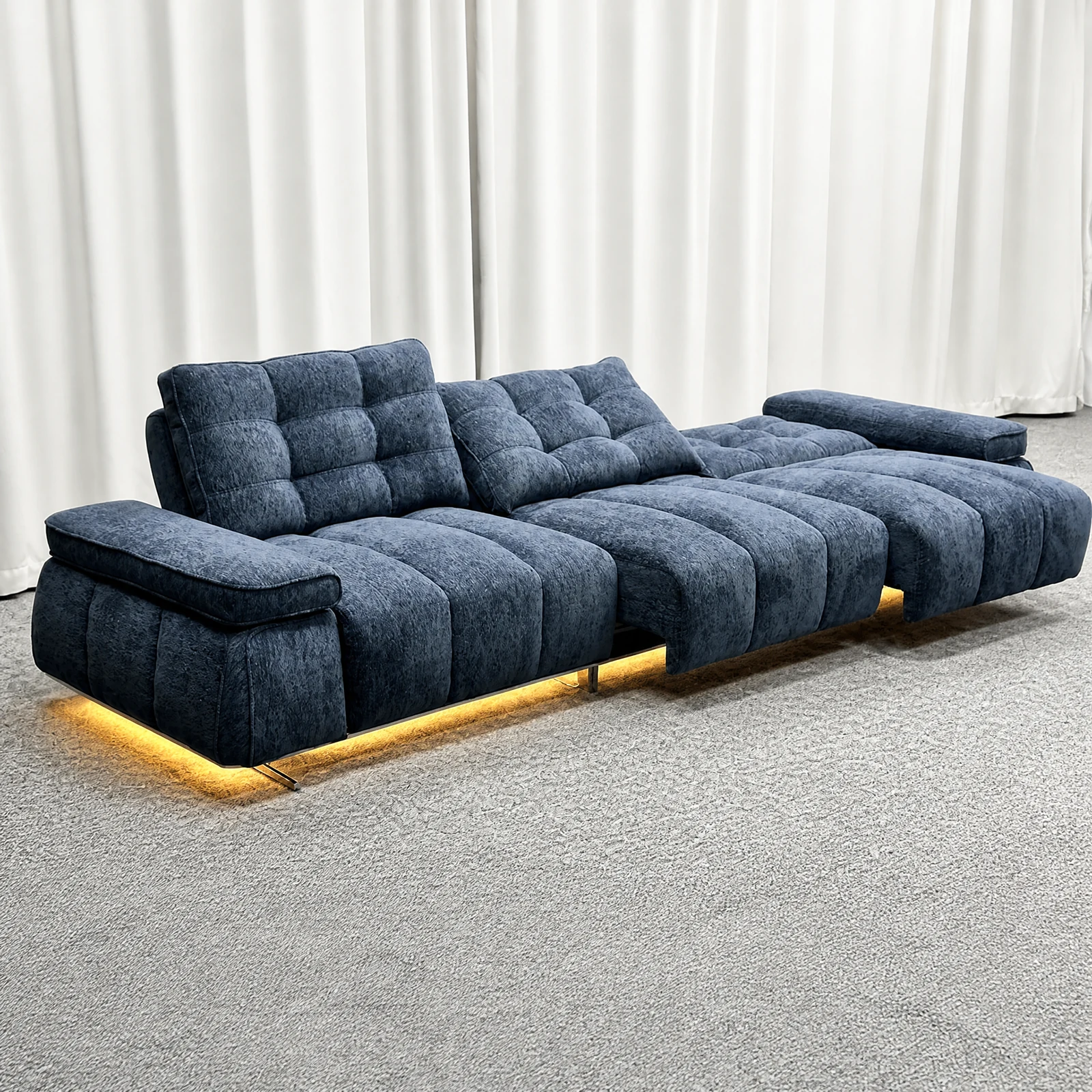 Navy blue electric sectional sofa with LED underglow, studio shot
