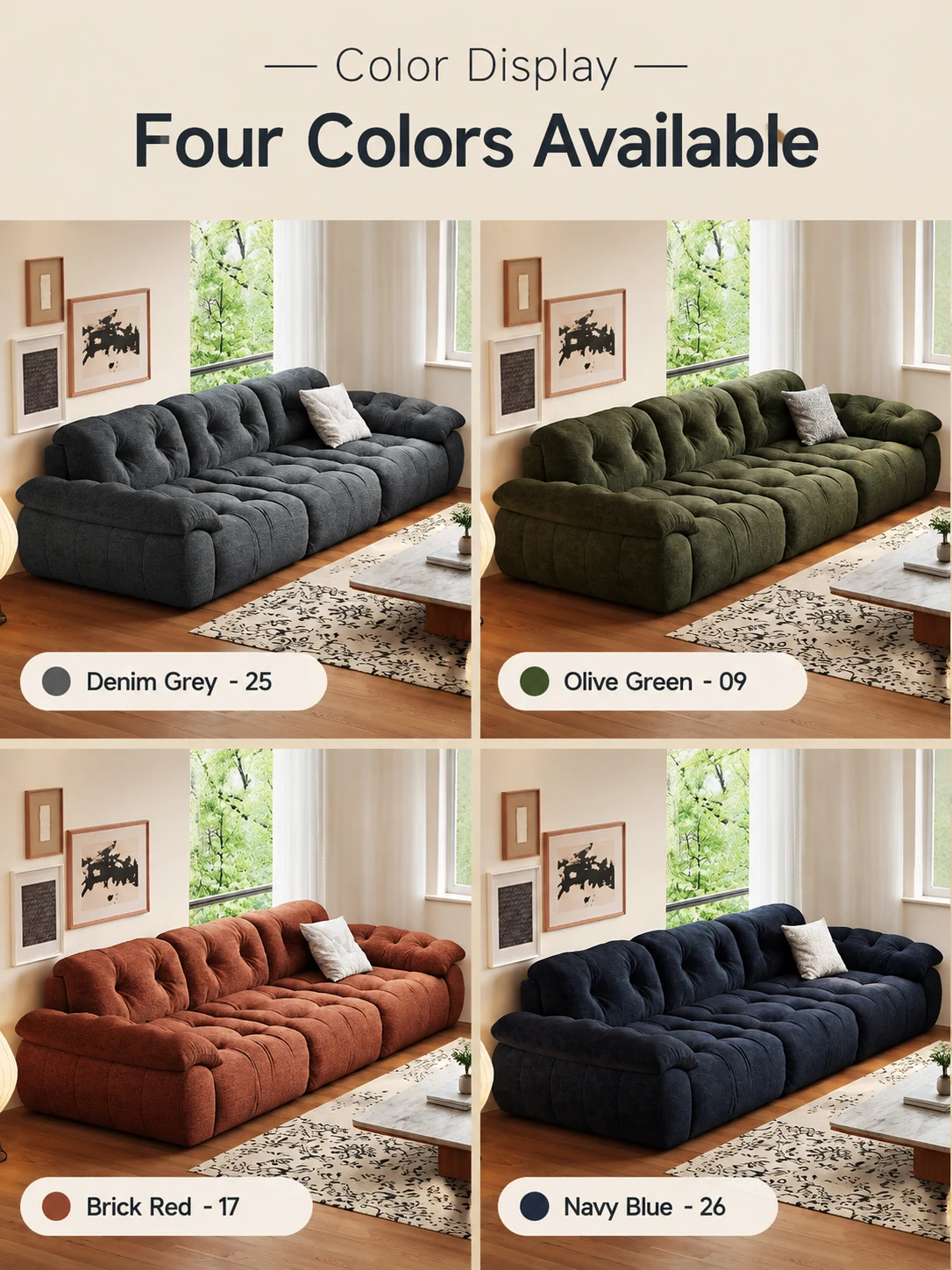 Colour options for the modular sofa: navy blue, olive green, warm grey and brick red