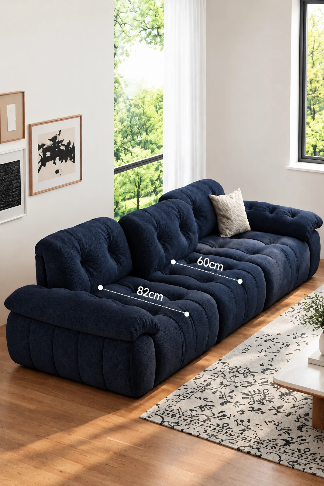 Modular sofa shown with its adjustable seat depth of 60 to 82 cm