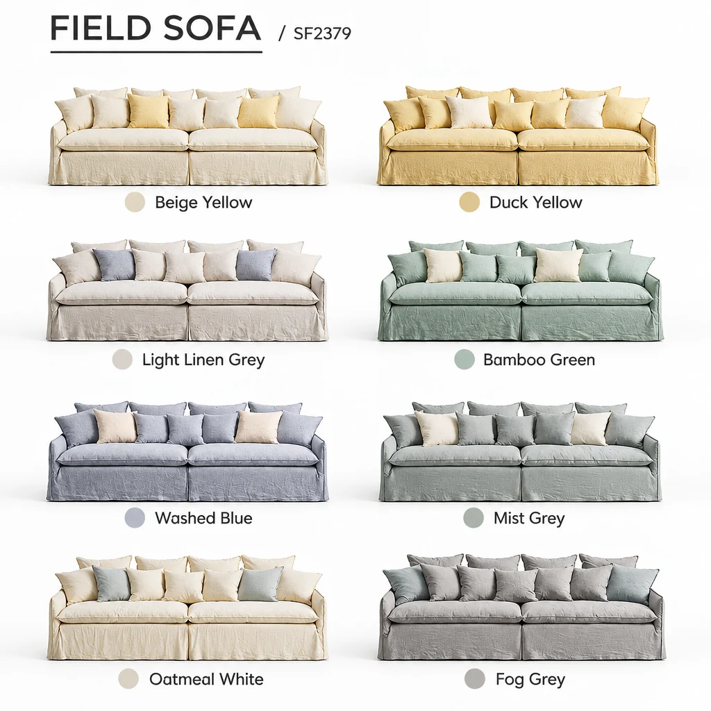 Eight colour options for the linen sofa: beige yellow, duck yellow, light linen grey, bamboo green, washed blue, mist grey, oatmeal white and fog grey