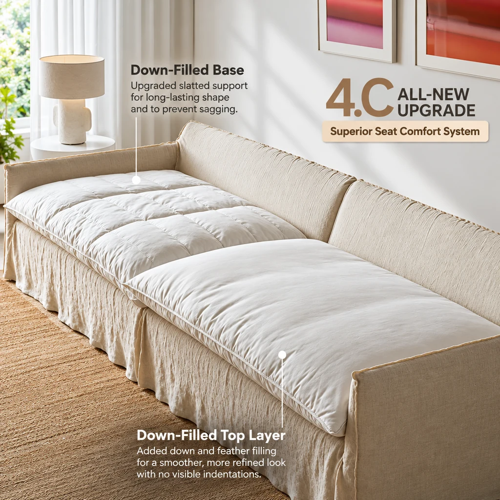 Down-filled base and down-filled top layer construction of the linen sofa