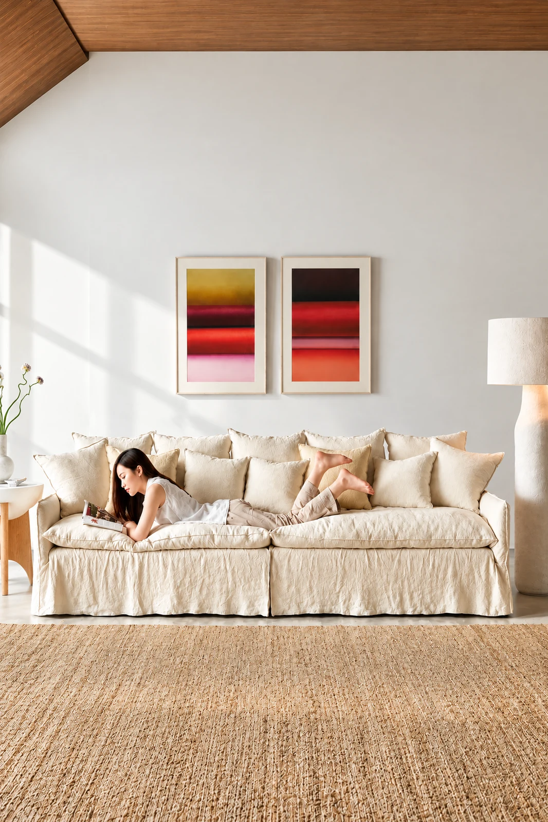 Linen slipcover sofa with down filling in a styled living room