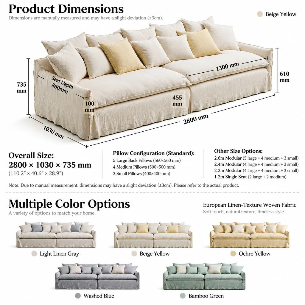 Product dimensions and module size options for the linen sofa