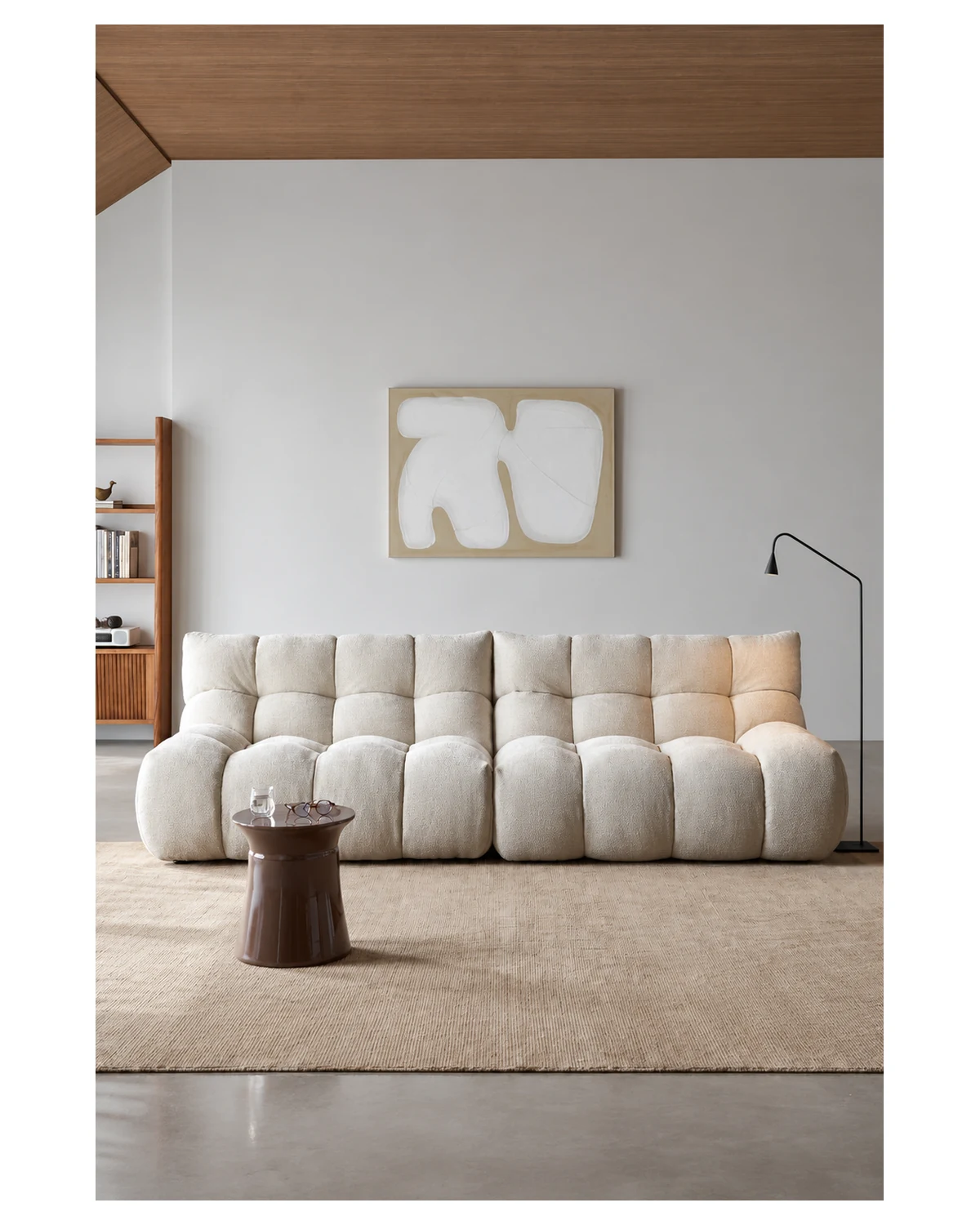 Cream snowflake corduroy modular sofa in a bright minimal living room