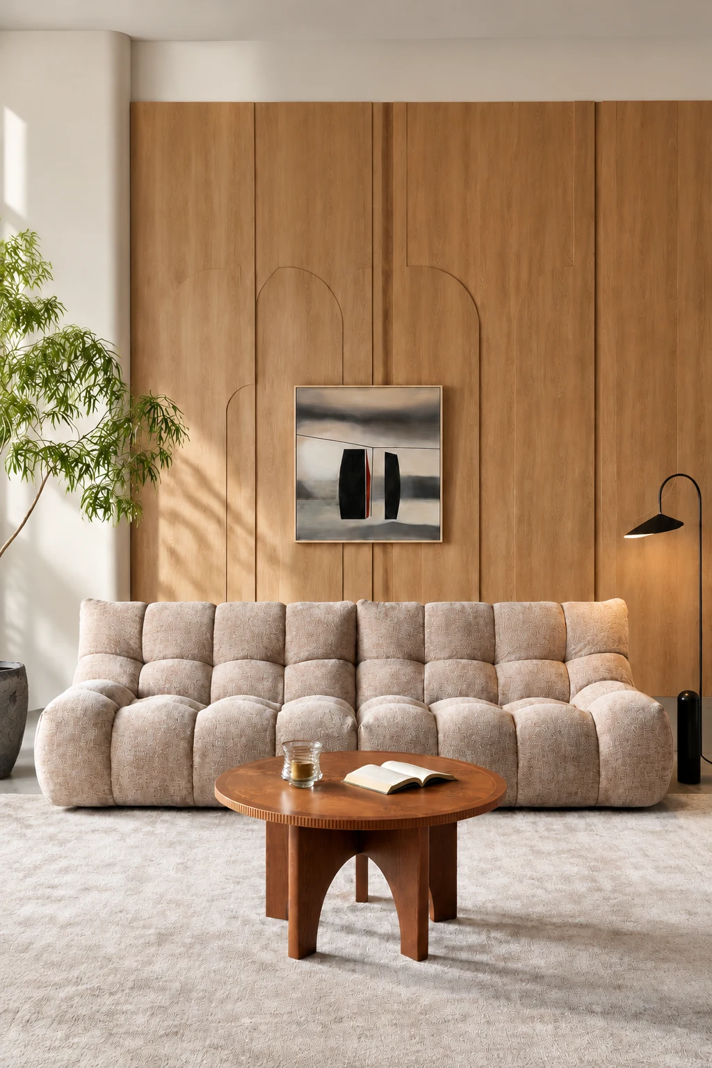 Snowflake corduroy modular sofa with a round coffee table
