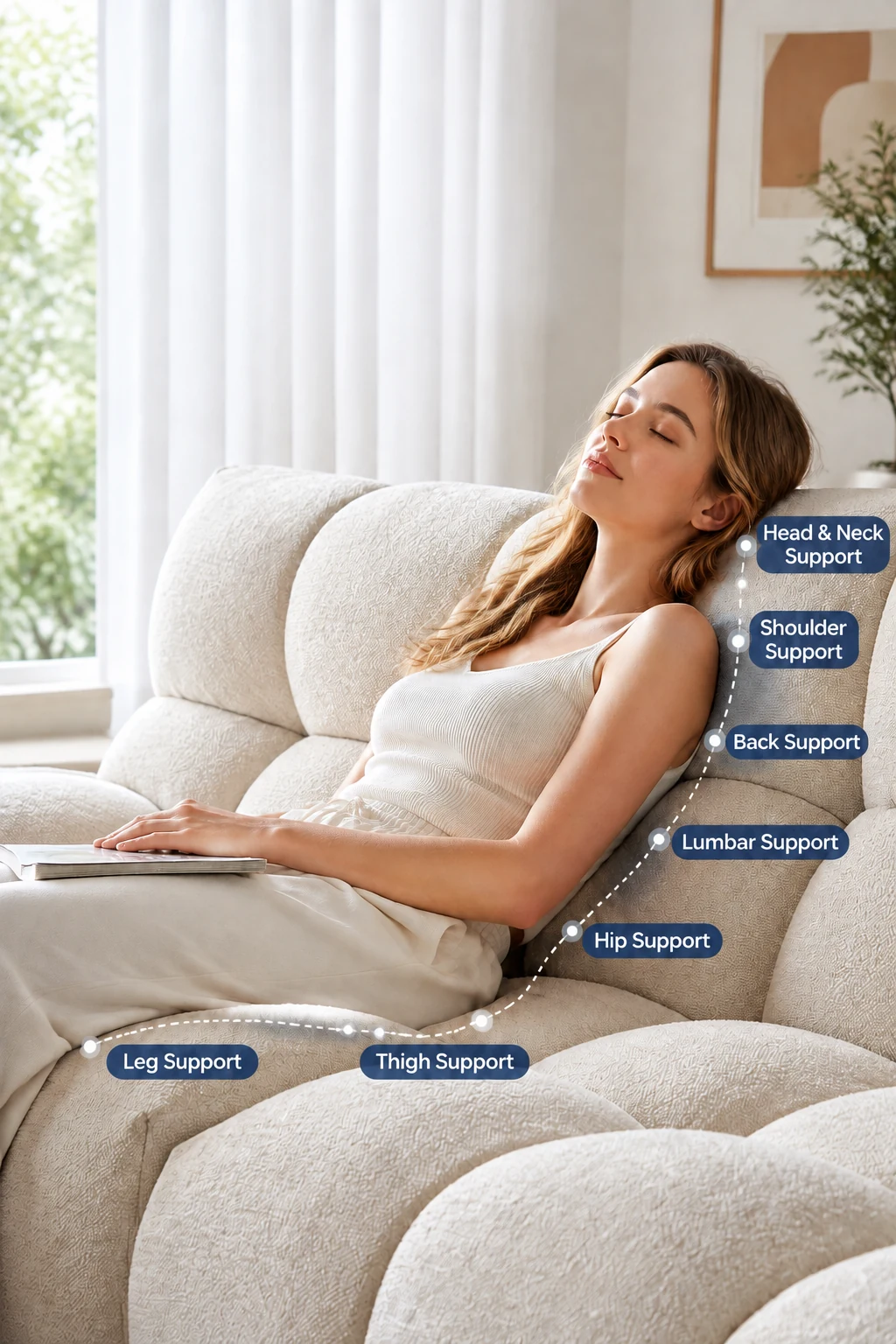 A person resting on the corduroy sofa with its multi-zone back support