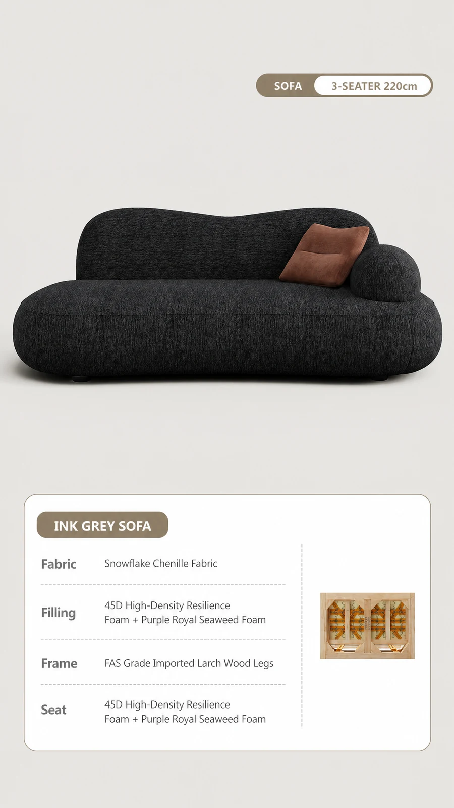 Cloud sofa material specification: snowflake chenille, 45D foam, FAS grade larch frame