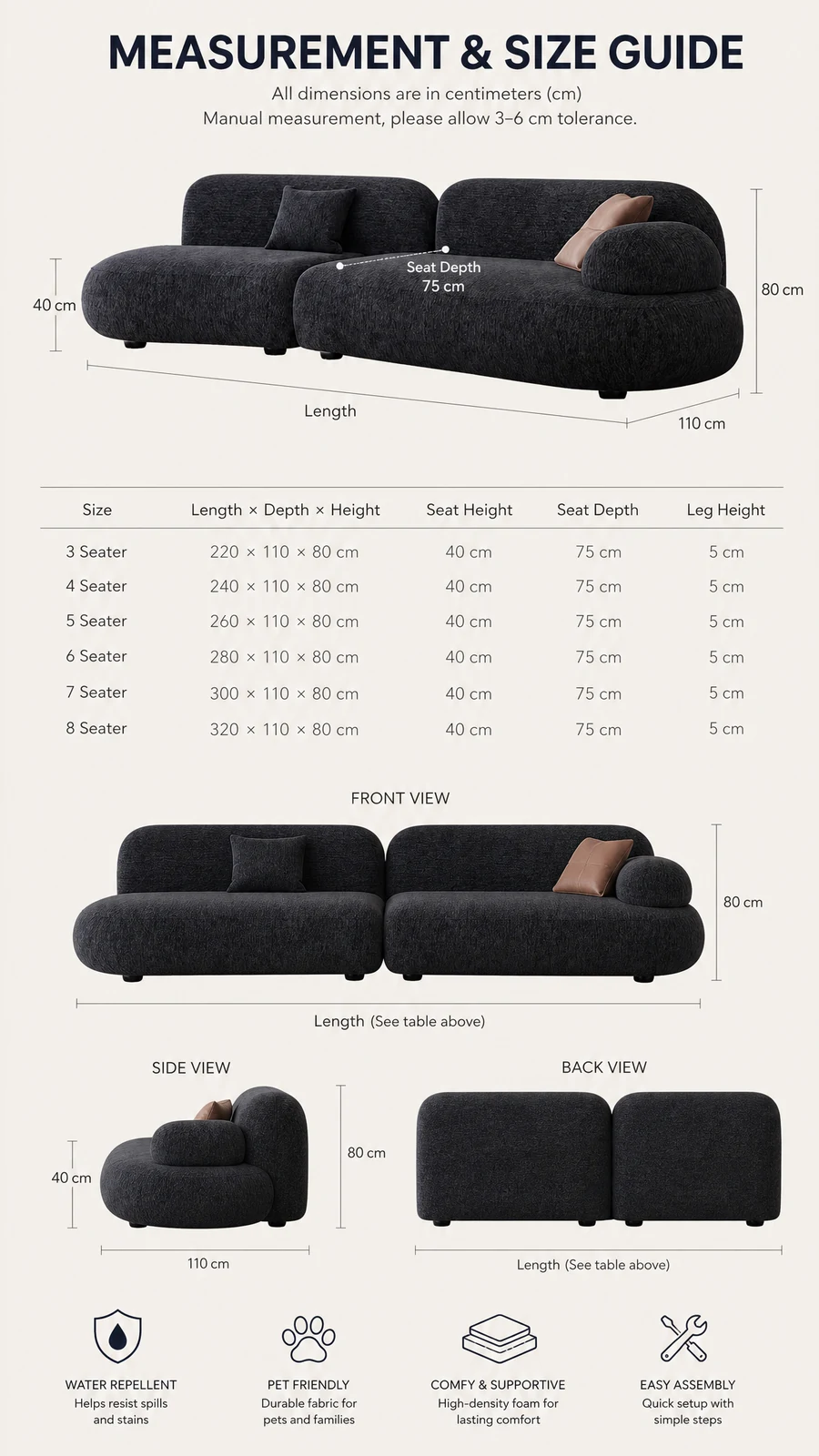 Measurement and size guide for the cloud sofa, 3 to 8 seater
