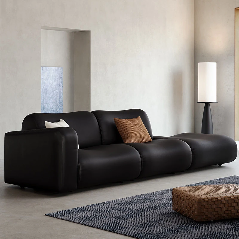 Midnight black Italian leather modular sofa, three-quarter view