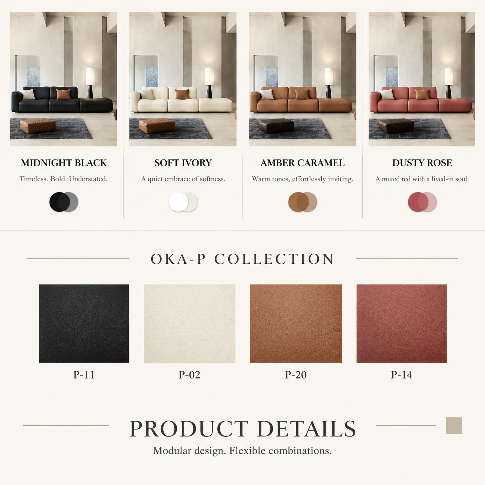 Four colourways: Midnight Black P-11, Soft Ivory P-02, Amber Caramel P-20, Dusty Rose P-14