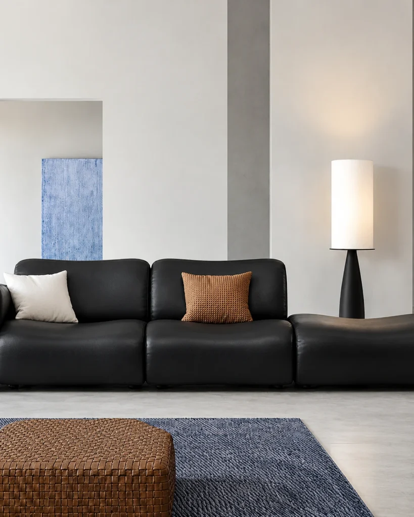 Midnight black Italian leather modular sofa with a matching ottoman on a pale rug