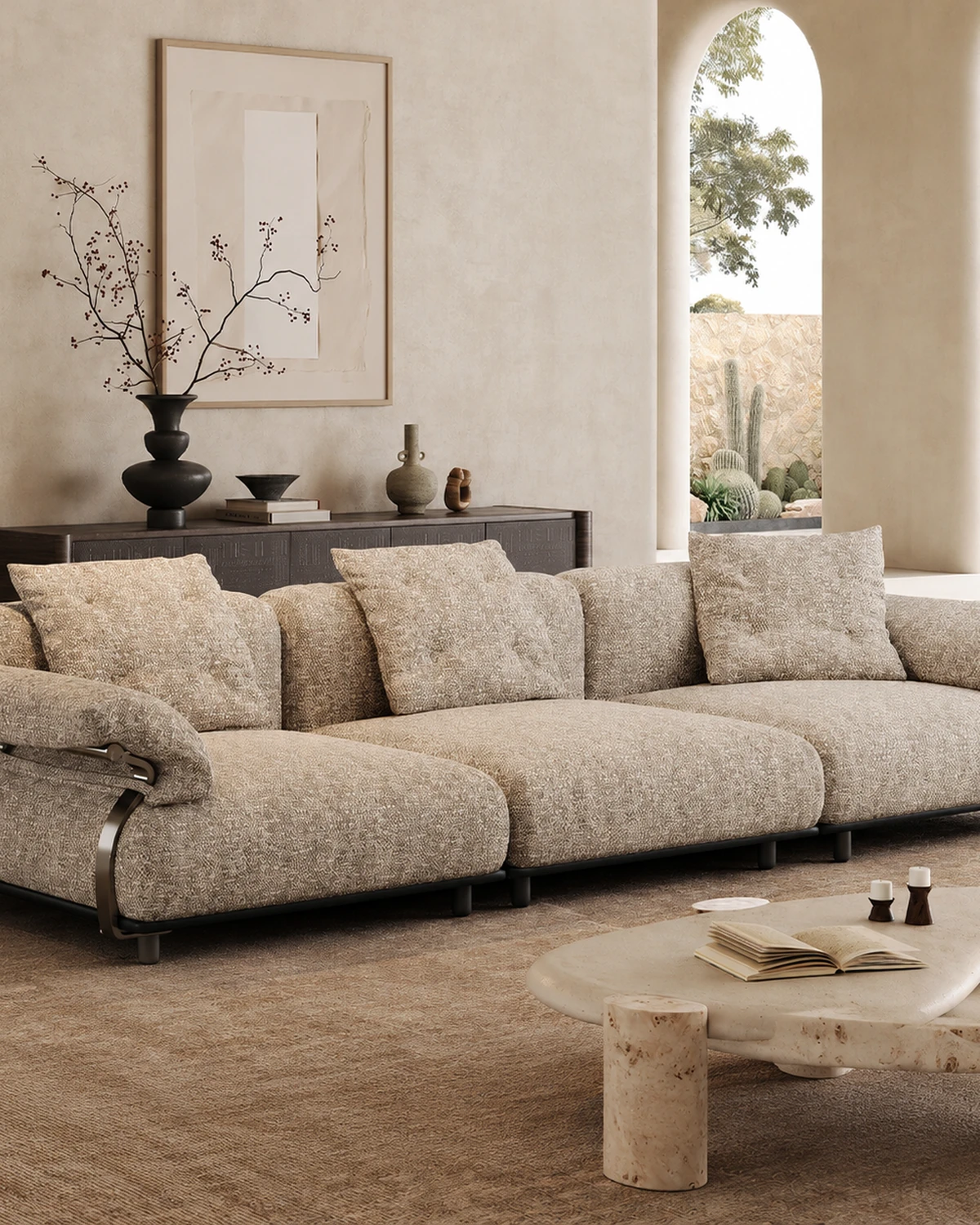 Oatmeal cotton-linen modular sofa with a black stainless steel base in a warm plaster interior