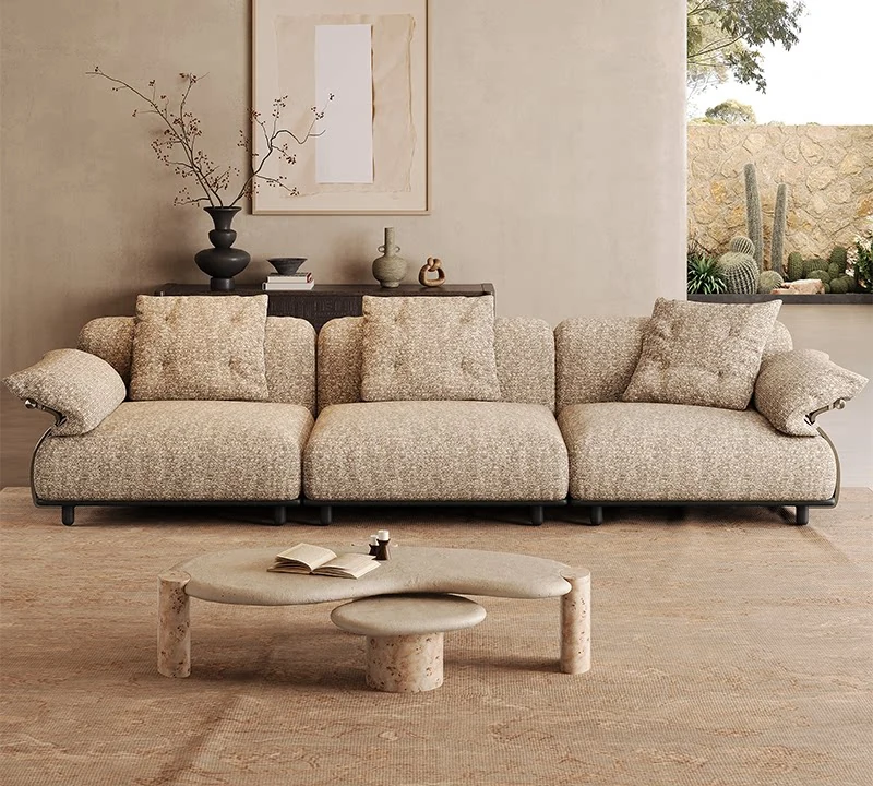 Cotton-linen modular sofa with stainless steel base, three-seat with walnut coffee table