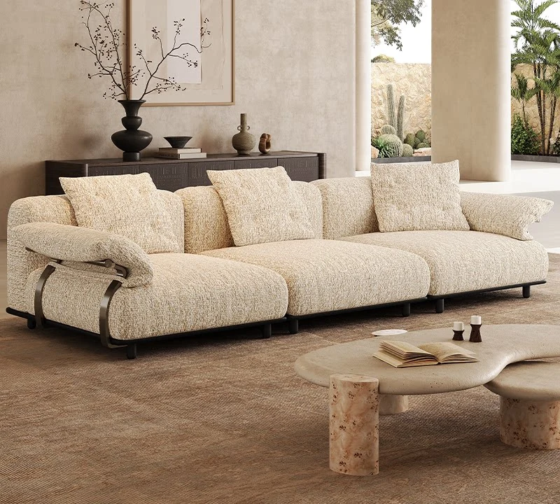Cotton-linen modular sofa with cushions in a bright living room