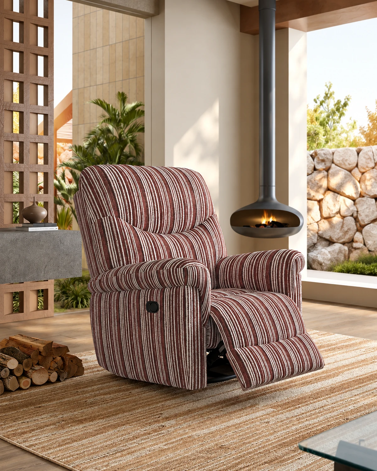 Striped chenille recliner armchair with the footrest extended, in a warm living room