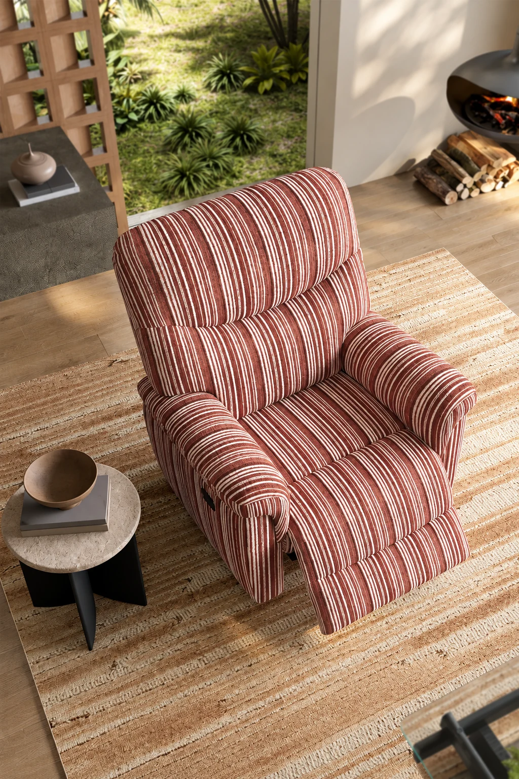Striped chenille recliner armchair beside a floor lamp