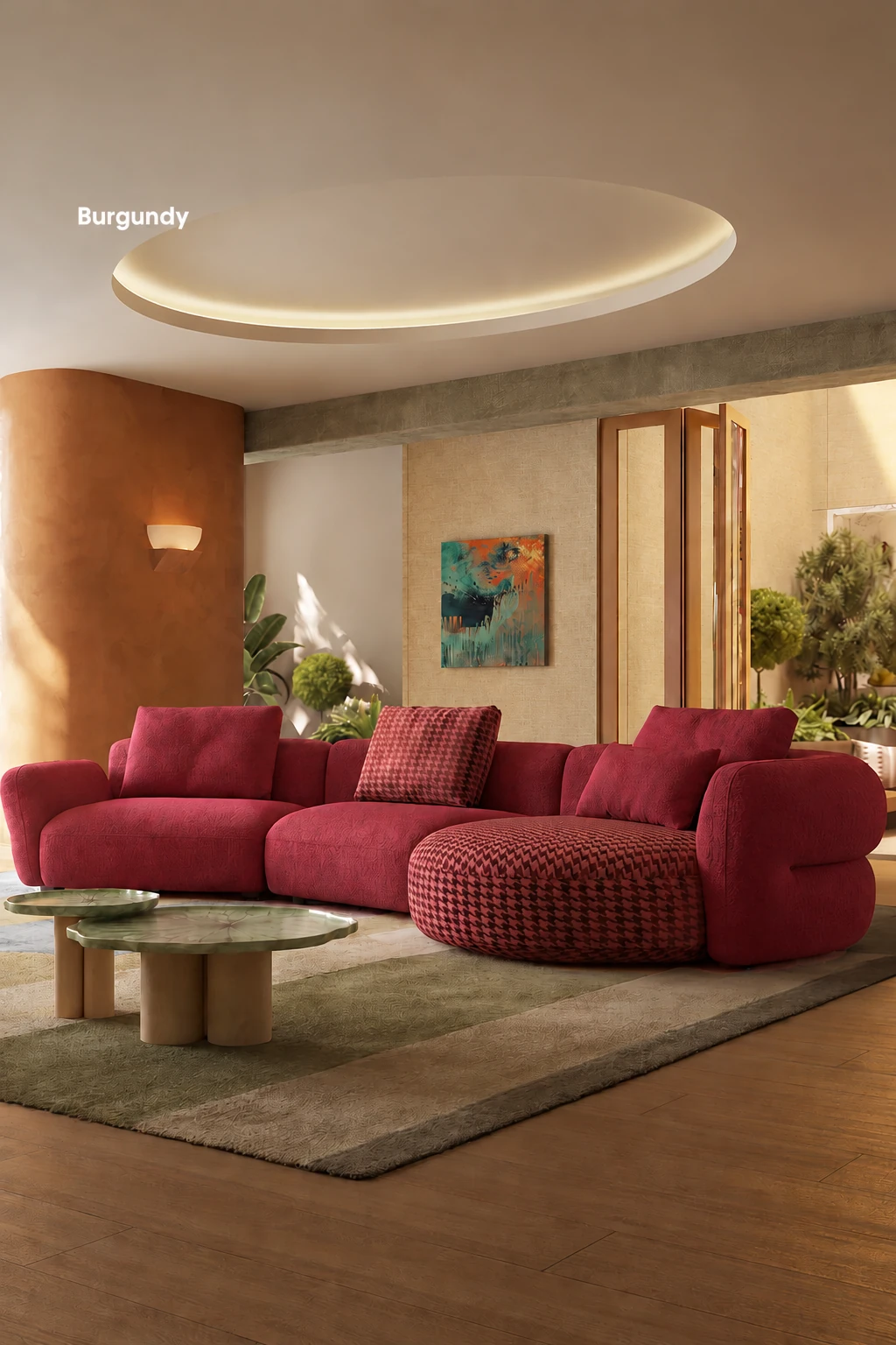 Curved cloud sofa in the burgundy velvet colourway