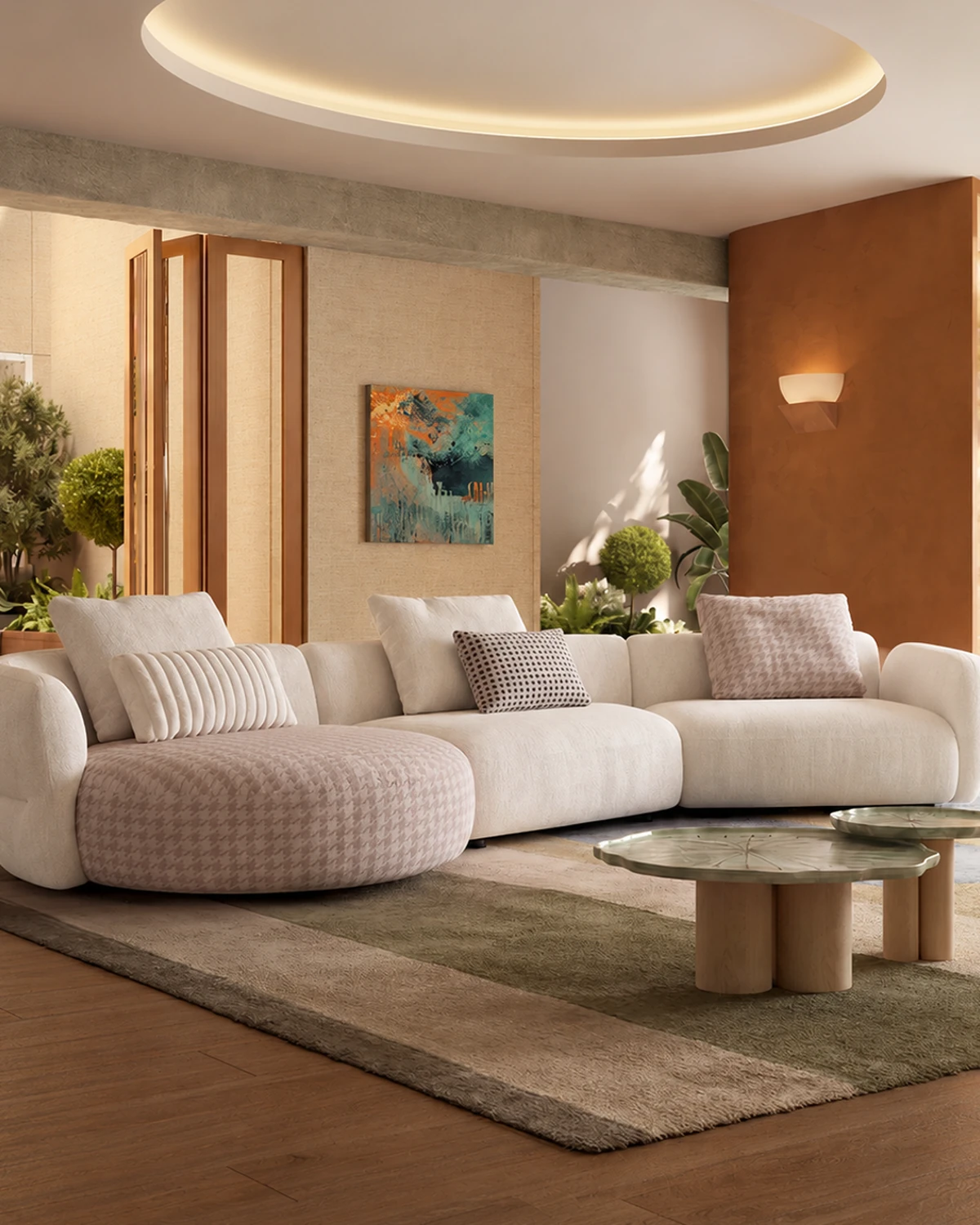 Cream curved cloud sofa with a houndstooth jacquard seat module in a warm living room