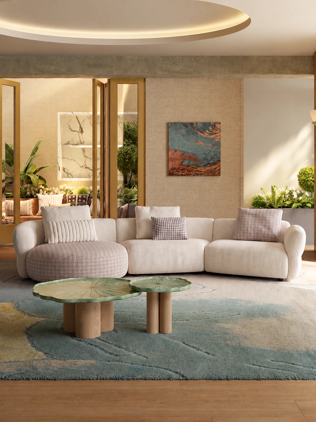 Curved cloud sofa beside a floor lamp and plants