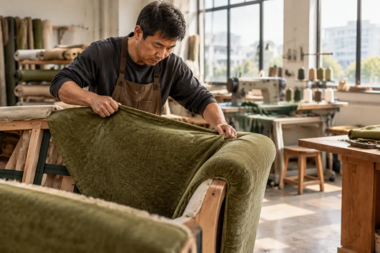 Upholsterer stretching olive chenille over a sofa frame in a Foshan workshop