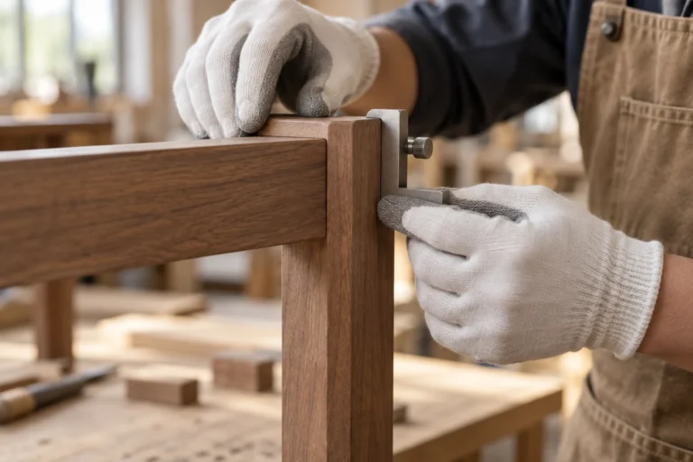 Quality inspector checking a hardwood furniture frame joint