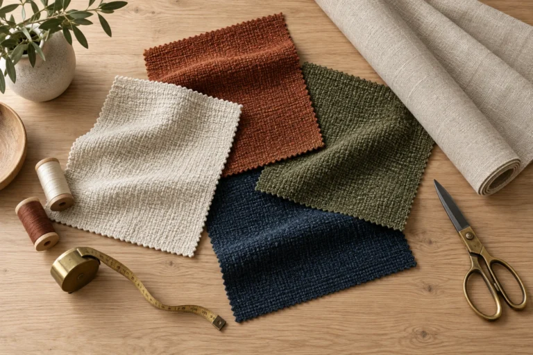 Chenille upholstery swatches in ivory, rust, olive and navy on a workbench