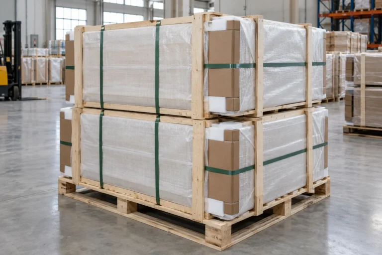 Furniture export cartons with timber frame and woven wrap on a pallet